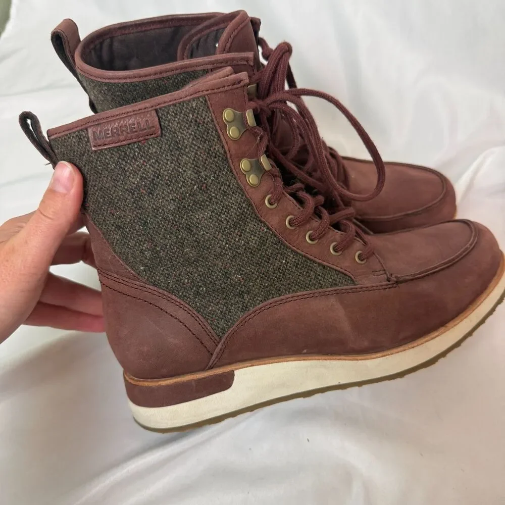 Merrell Roam Leather Mid Platform Wedge Winter Snow Booties Brown Womens Sz 7.5
